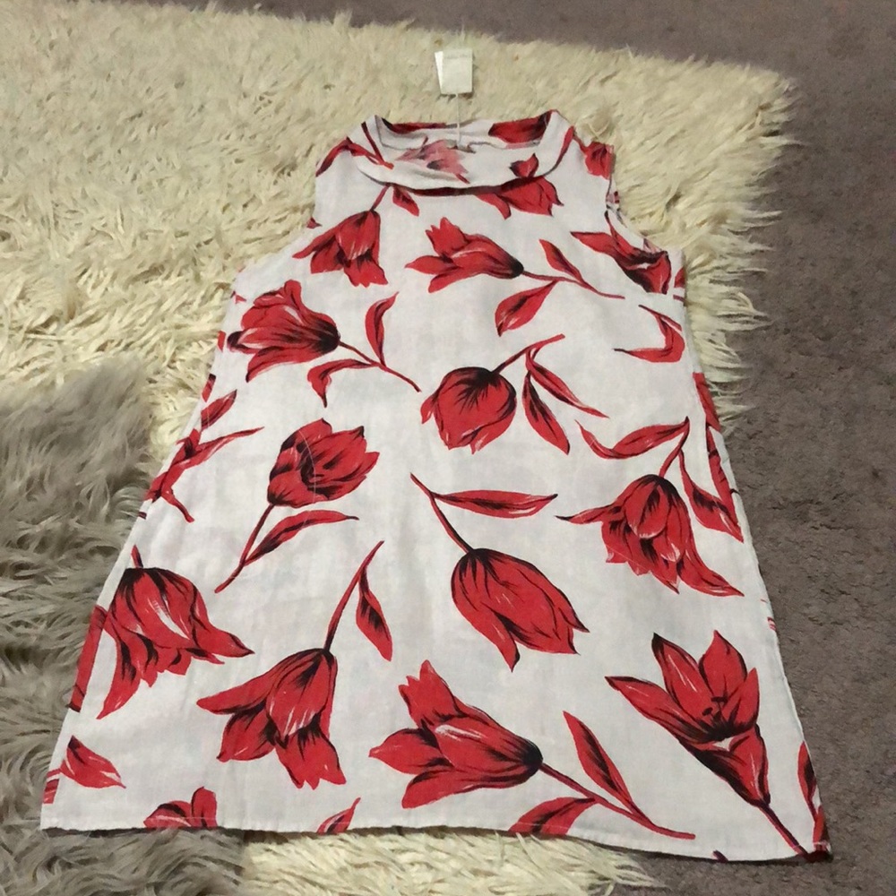 NWT Lina Tomei Linen Dress-Sz M-Beige and Red Floral Print-Wider Folded Collar - Picture 10 of 16
